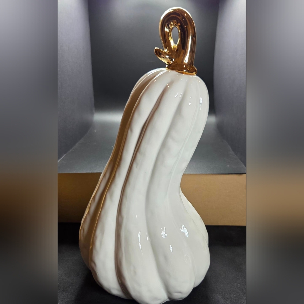 "Two's Company" Gourdges Set Of Two White Ceramic Gourds With Gold Stems - Picture 3 of 8